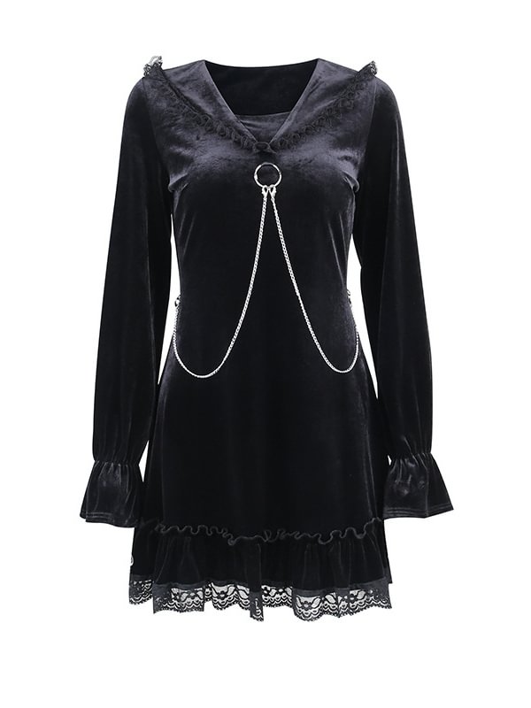 Elegant Black Velvet Chain-trimmed Lace Paneled Peter Pan Collar Dress