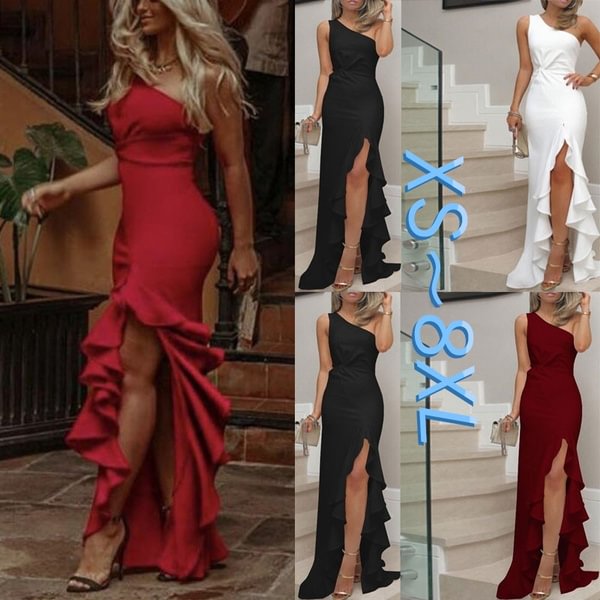 Womens Plus Size One Shoulder Ruched Ruffle Formal Party Prom Long Evening Dress Mermaid Maxi Dress