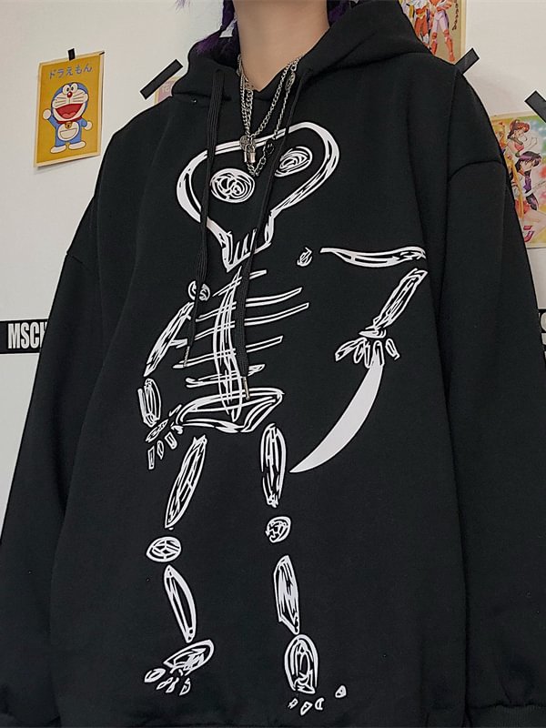 Harajuku Style Dark Goth Skull Printed Drawstring Pullover Long Sleeve Brushed Oversize Hoodie