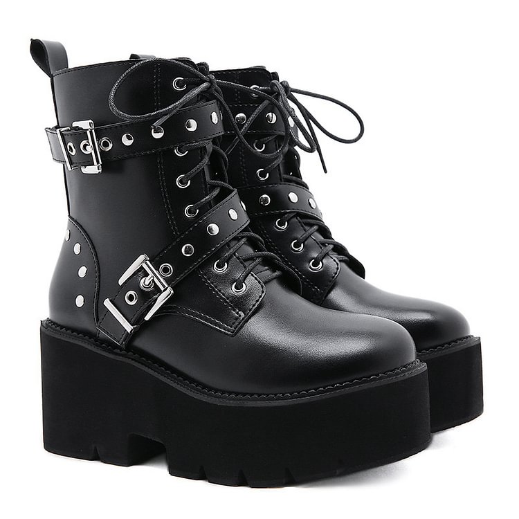 Round Toe Buckles Lace Up Patent Leather Chunky Heels Ankle Boots