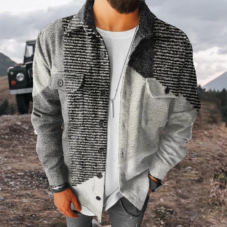BrosWear Geometric Stripe Patchwork Breasted Woolen Jacket