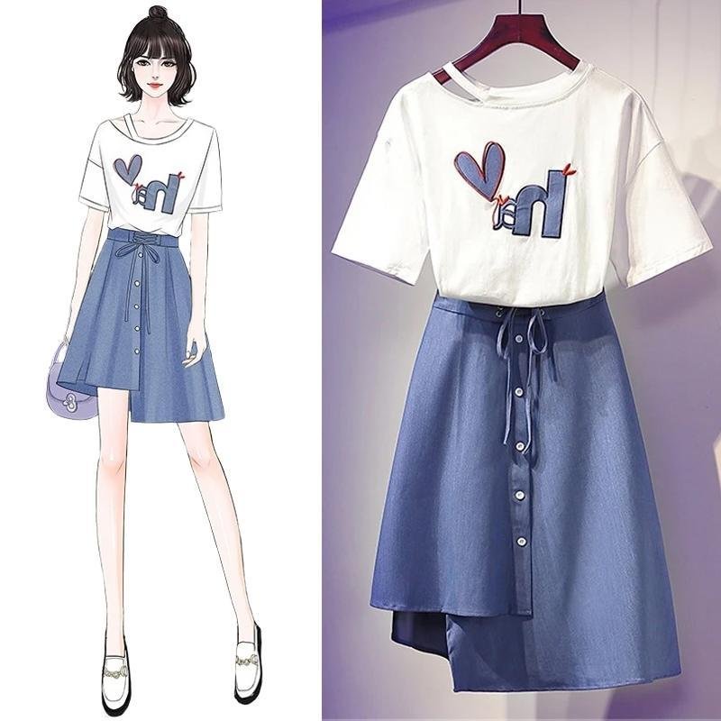 Cute Print Tee+Button Skirt P11163