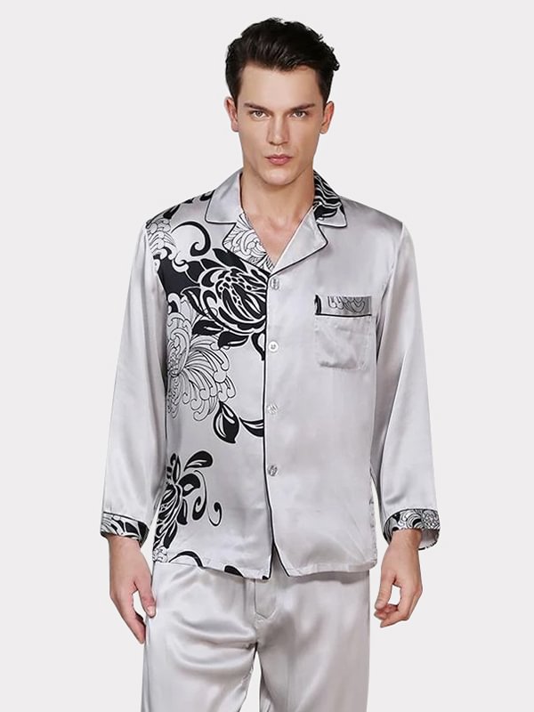 Chrysanthemum Print Silk Pajamas Set for Men