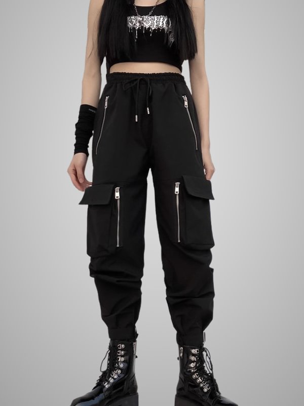 Street Fashion Solid Color Pockets Decorated Zipper Belt Drawstring High Rise Industrial Pants
