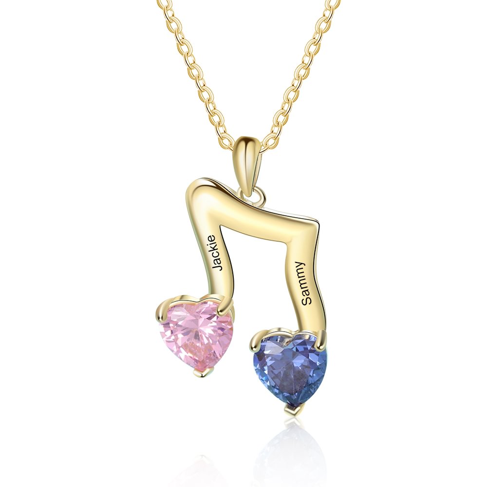 Personalized Musical Note Necklace With 2 Birthstones Engraving 2 Names