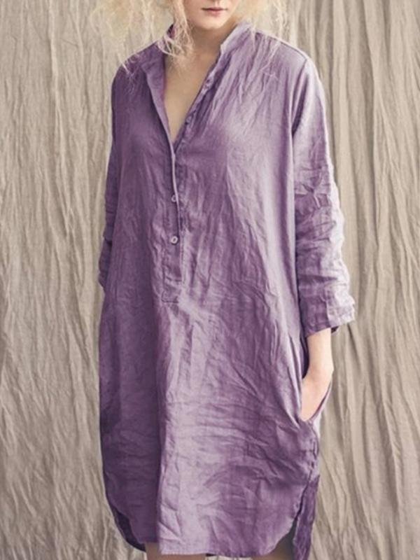 Women's cotton and linen comfortable loose v-neck dress-Mayoulove