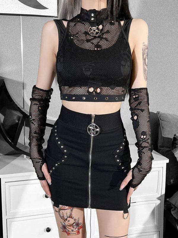 See Through Skull Fishnet Crop Top with Gloves