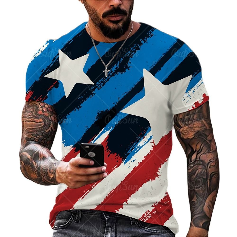 American Flag Pattern Casual Summer Short Sleeve Top Men's T-Shirts-VESSFUL