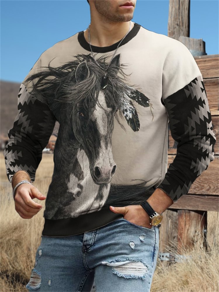 BrosWear Men's Indian Horse Aztec Patchwork Sweatshirt
