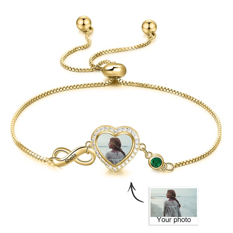 Heart Shaped Photo Bracelet With Birthstone Infinity Pendant Personalized Gift