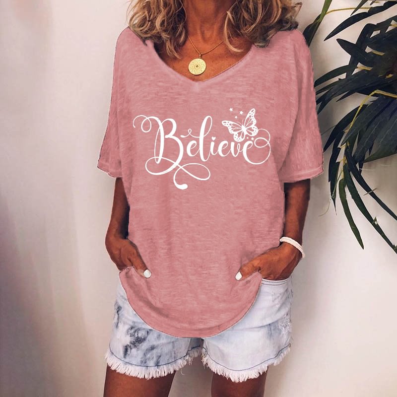 Oversized Believe Print Butterfly Graphic Tees