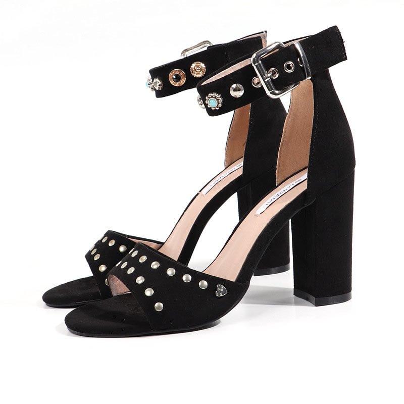 Black Sandals Big Fish Mouth Fashion Women's Buckles Thick High Heels - vzzhome