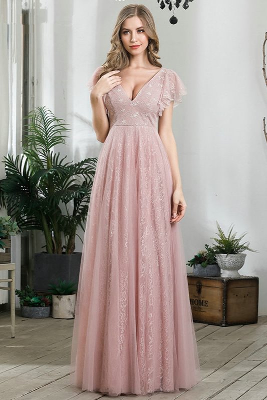 pink short sleeve lace long prom dress