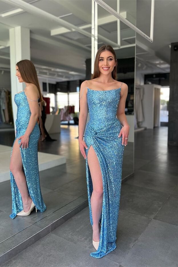 Luluslly Spaghetti-Straps Sequins Blue Prom Dress Long With Split