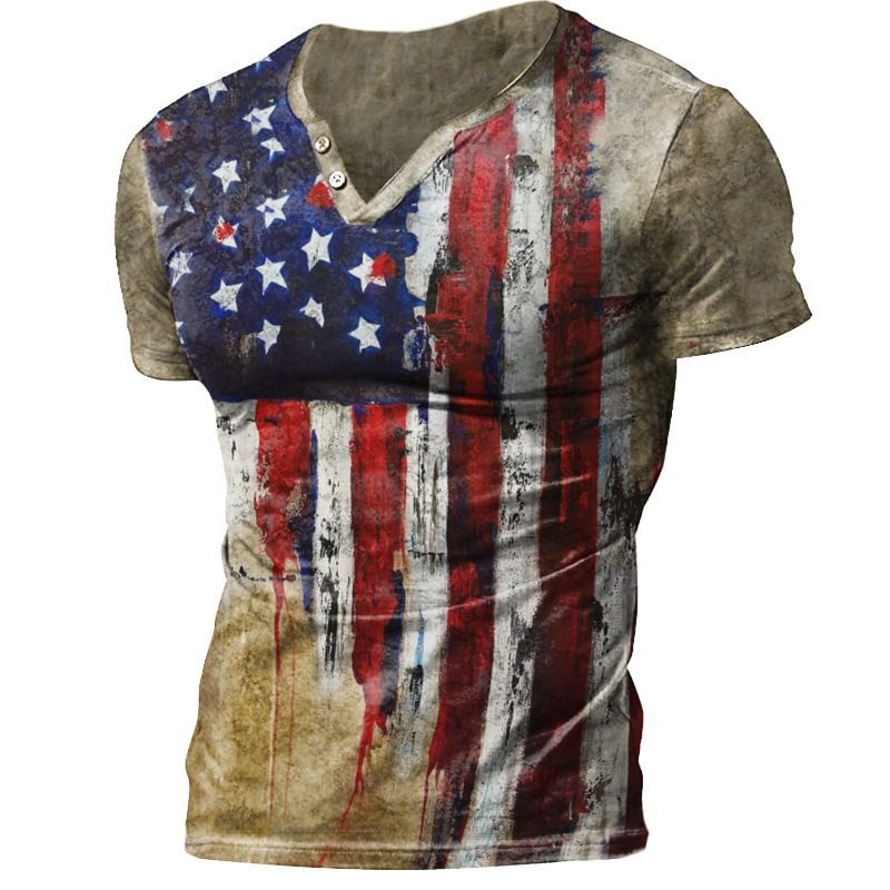 Mens American Flag Print Short Sleeve V-Neck T-Shirt / [viawink] /