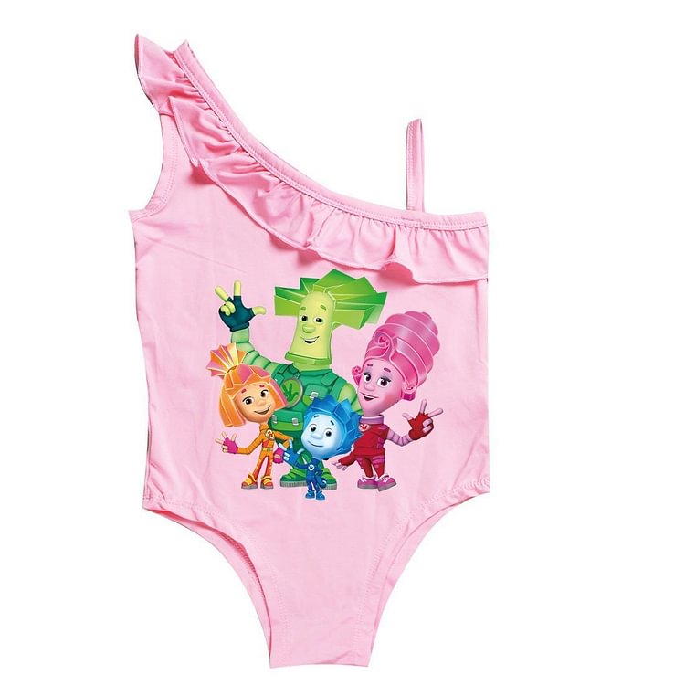 Mayoulove Girls Fixies Vs Crabots Print One Piece Ruffle Shoulder Pink Swimwear-Mayoulove