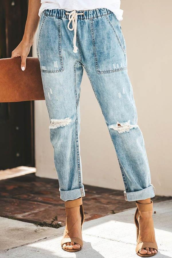 Drawstring Casual Blue Mom Jeans P11310