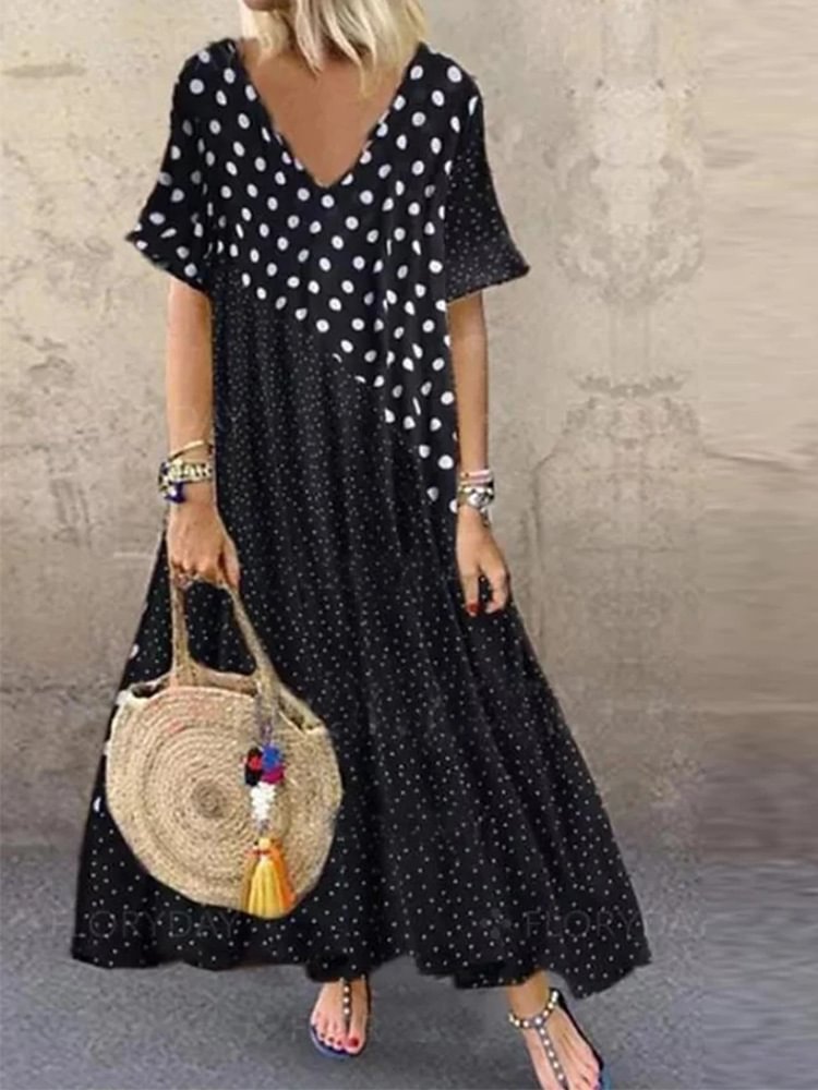V-neck pullover polka dot stitching loose plus size dress