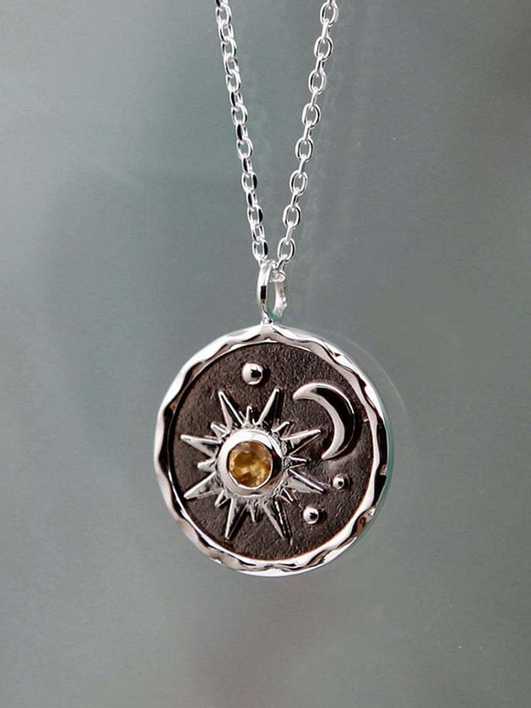 Vintage silver sun moon zircon necklace-Mayoulove