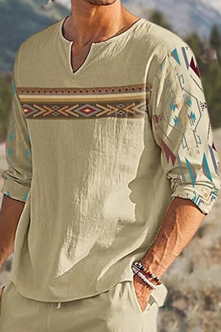 Tiboyz Men's Ethnic Style Positioning Floral V-Neck Long Sleeved Shirt