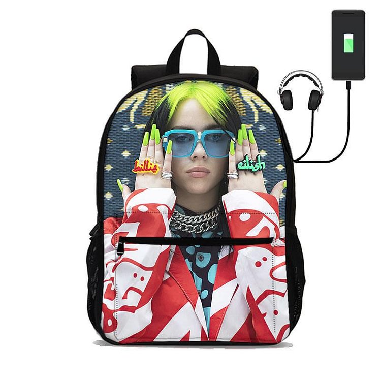 Billie Eilish Print Backpack 18in With USB Port Green Billie School Bag-Mayoulove