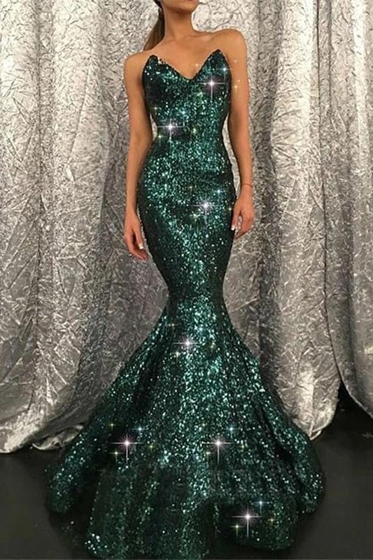 Luluslly Dark Green Sweetheart Mermaid Sequins Prom Dress Long