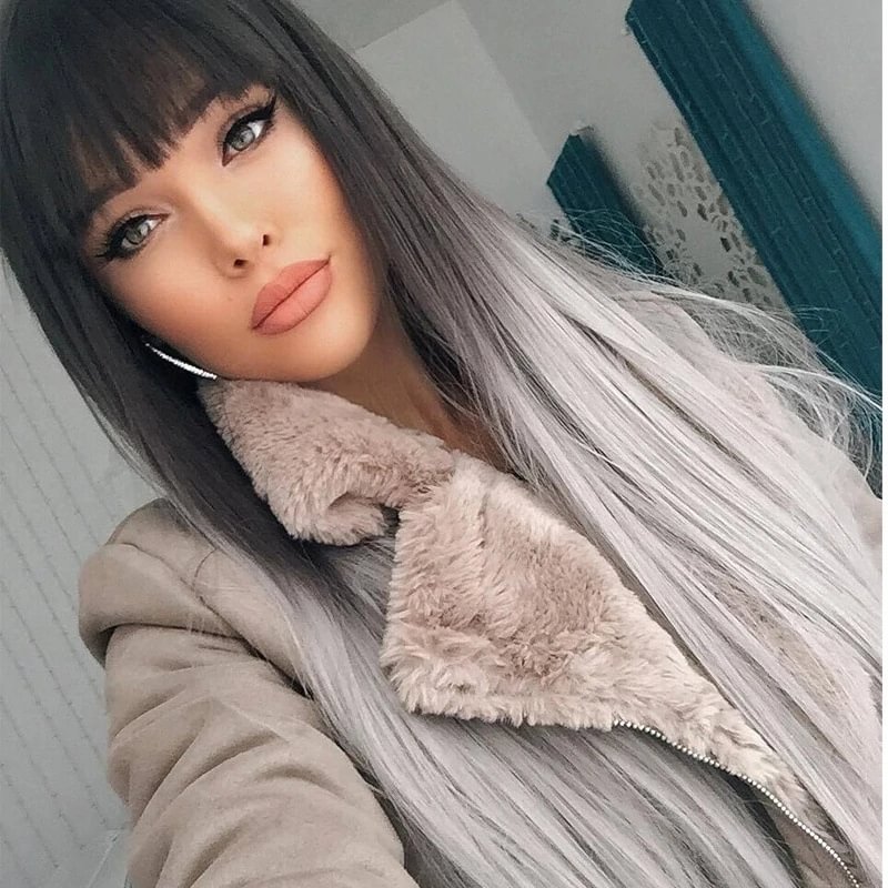 Women's Long Straight Hair Wig with High-temperature Silk and Bangs Gradient The Whole Wig with Full Headgear-Corachic