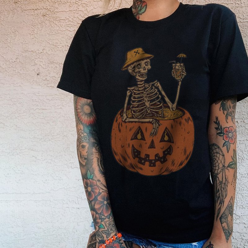 Skull Sitting In Pumpkin Lamp Halloween Women's T-shirt - Krazyskull