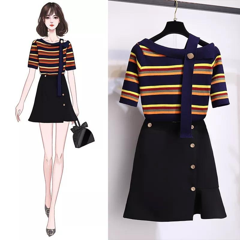 Colorblock Stripe Knit Tee+Skirt P10996