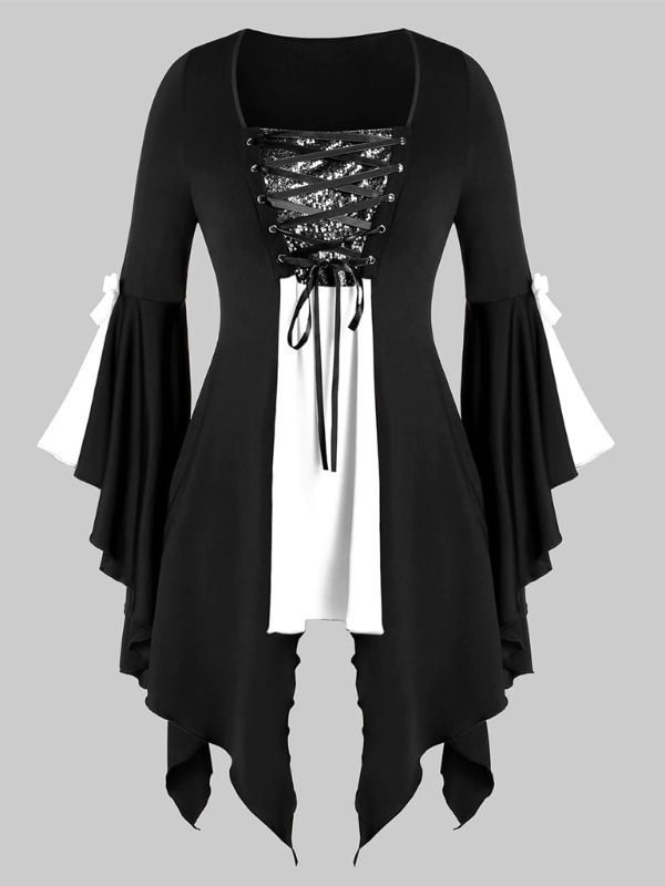 Color Block Paneled Sequin Asymmetrical Half Bell Sleeve Tight Waist Dress