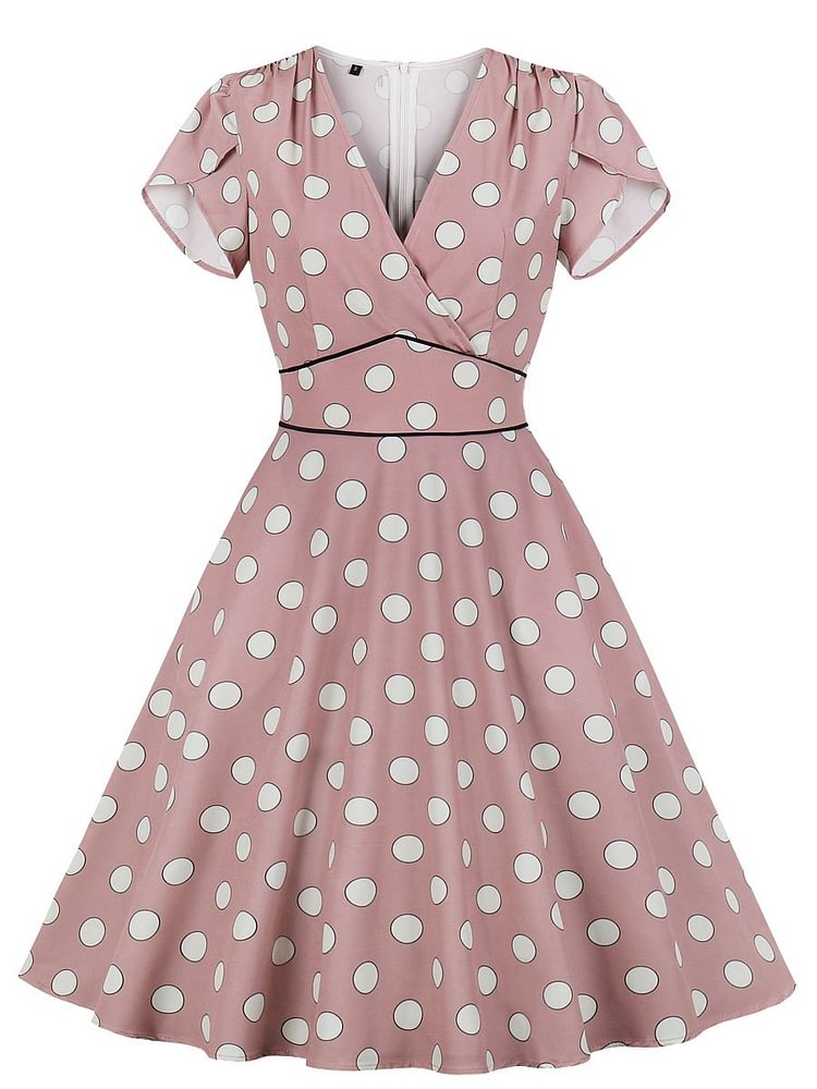 Mayoulove 1950s Dress Polka Dot V Neck A-Line Dress-Mayoulove
