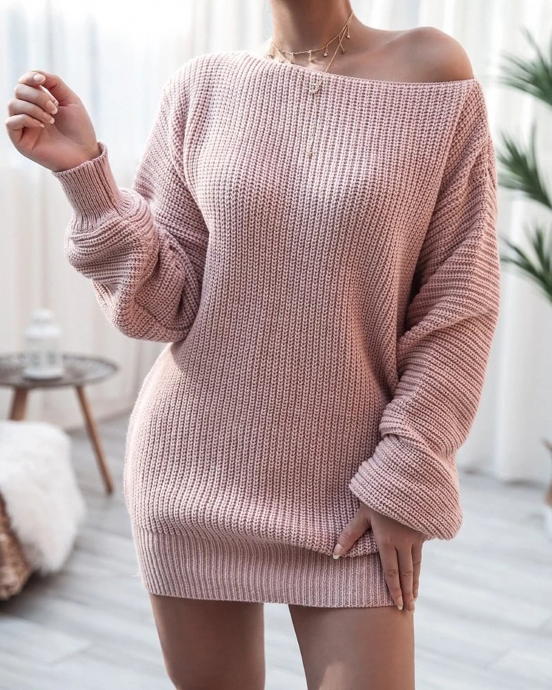 Long Sleeve Knit Casual Sweater Dress-Corachic