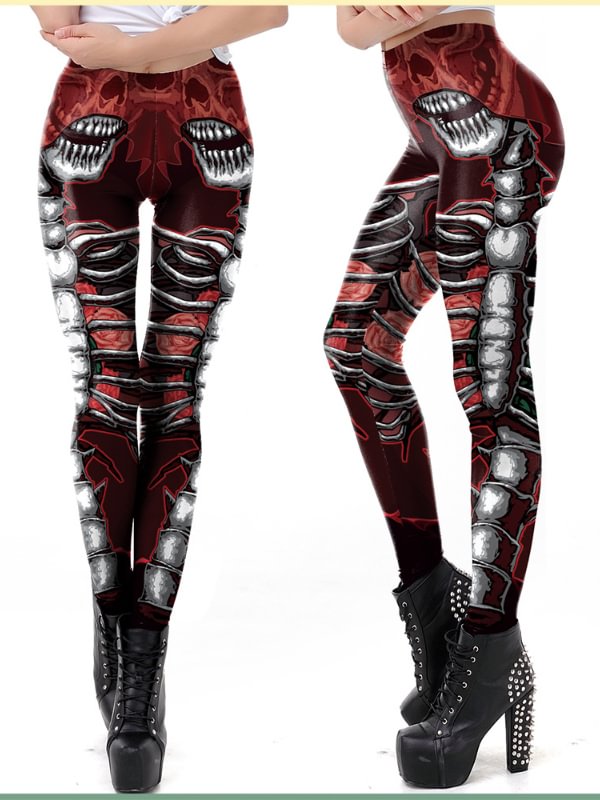 Dark Goth Color Block Skull High Rise Elastic Waist Leggings Stage Costumes
