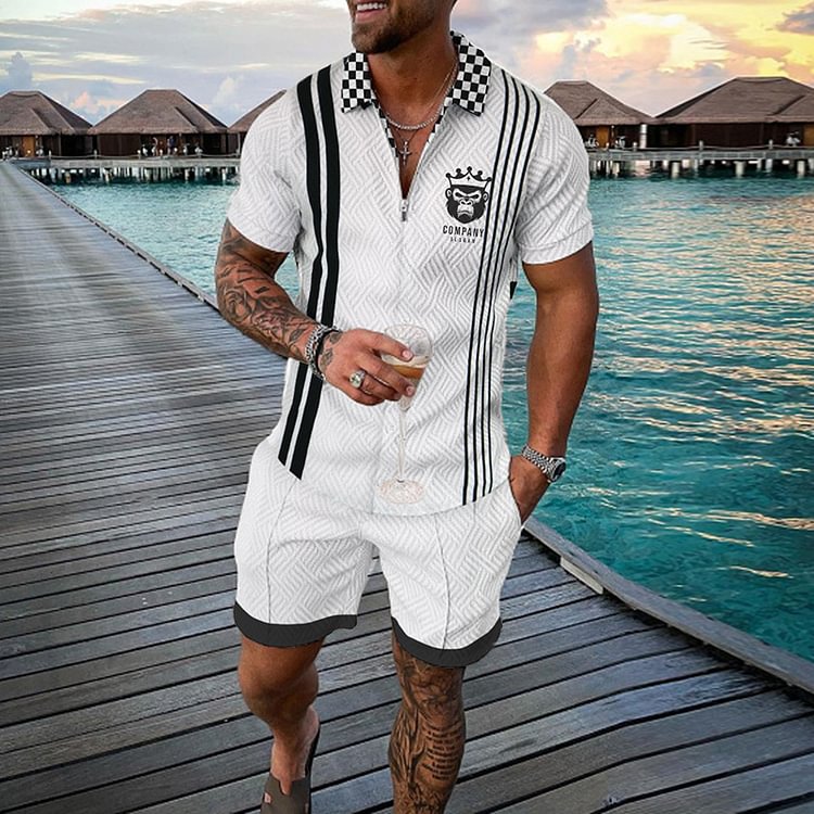 BrosWear White Contrast Lion Print Polo Shirt And Shorts Two Piece Set