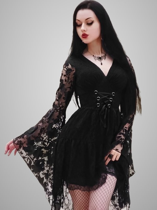 Gothic Dark Street Fashion Party Asymmetrical V Neck Lace Up Tight Waist Long Bell Lace Sleeve Dress