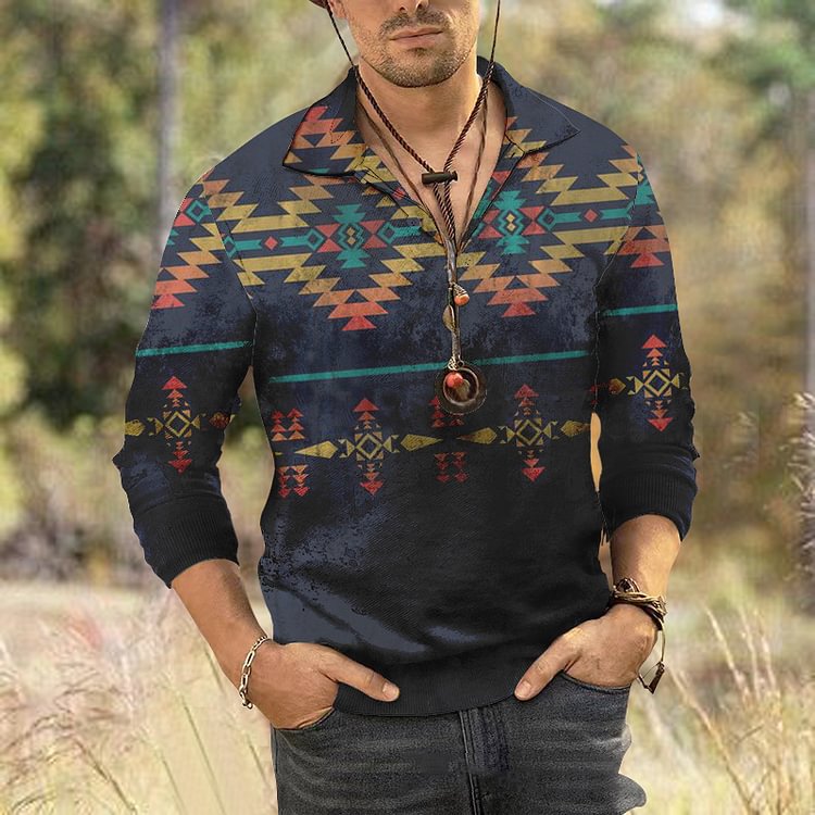 BrosWear Men's Western Style Positioning Flower Long Sleeve Polo Shirt