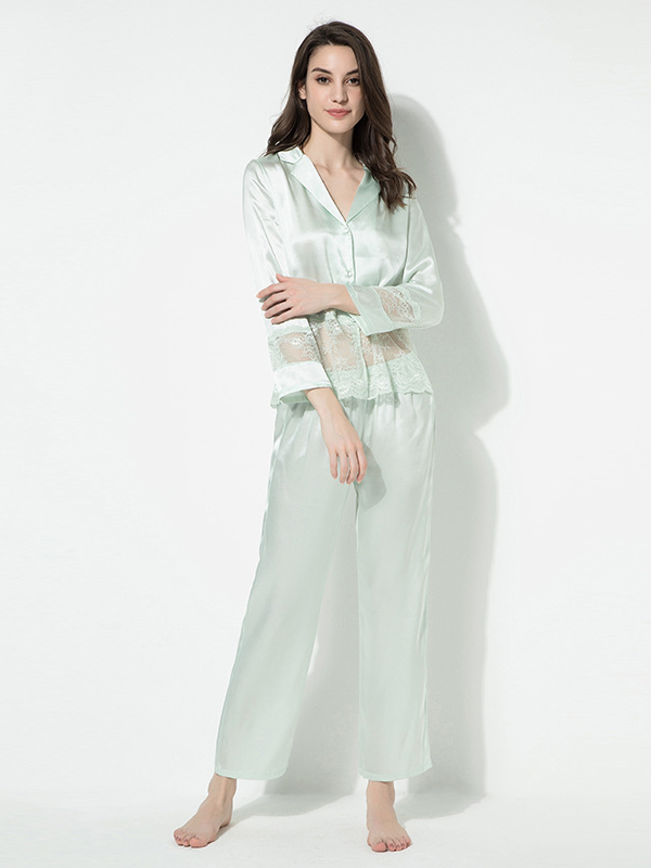 Pyjama en soie dentelle transparante vert mente-Soie Plus