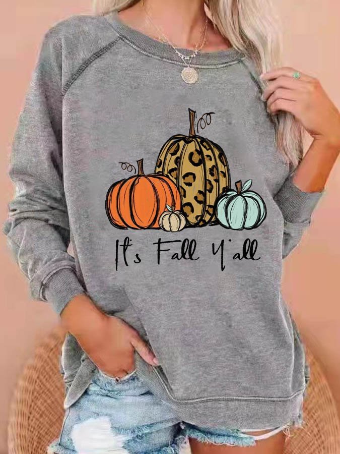 Women&#039;s Halloween It&#039;s Fall Y&#039;all Pumpkin Print Sweatshirt-mySite-Allyzone
