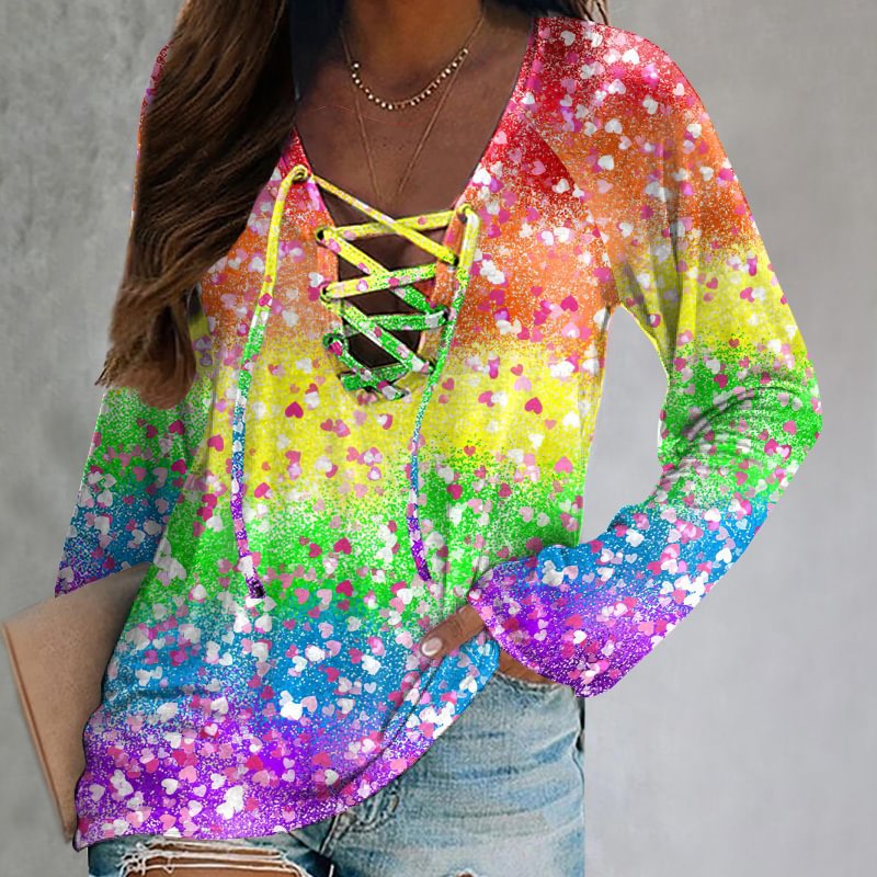 Rainbow Love Tie-dye Lace Up Long Sleeve T-shirt