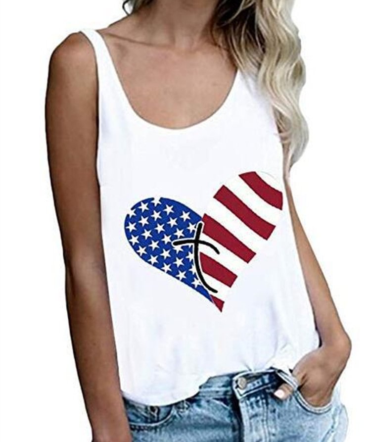 Women's Sleeveless Top Love Pattern Printed Round Neck Casual Vest