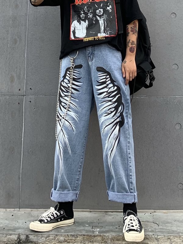 Street Fashion Wings Printed Washed Jeans