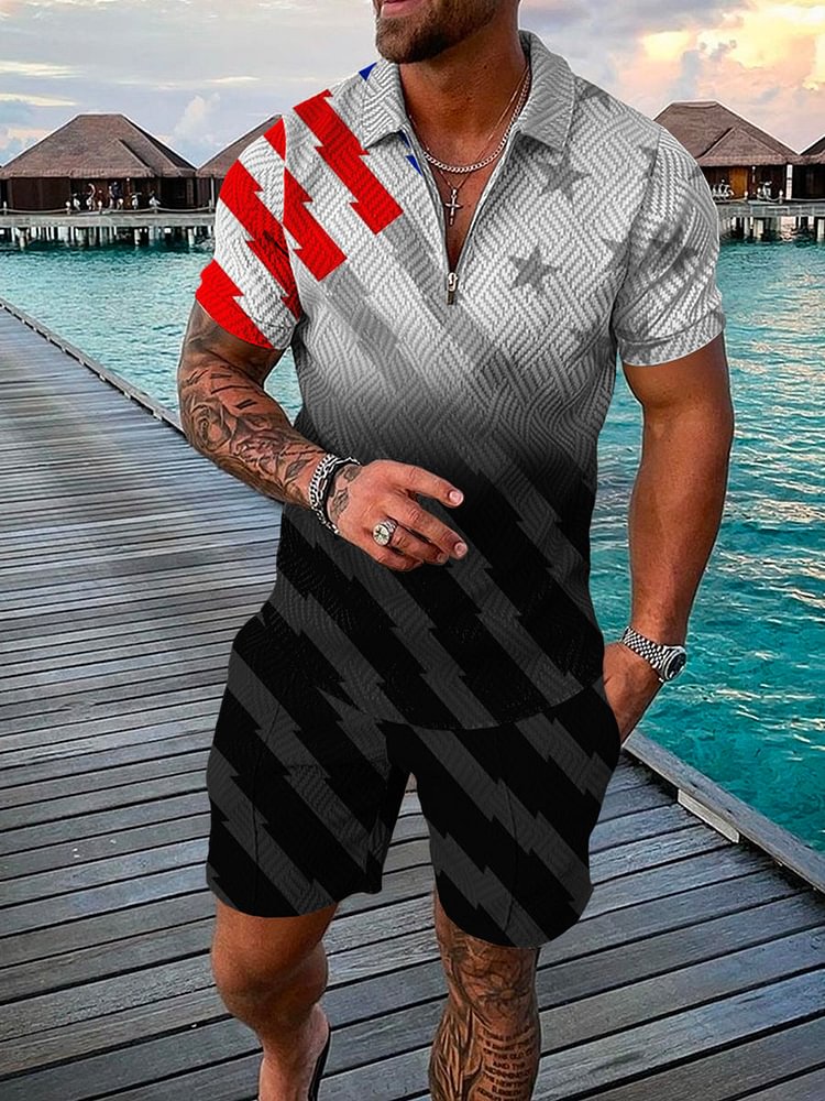 Men's Casual Gradient Print Independence Day Polo Suit