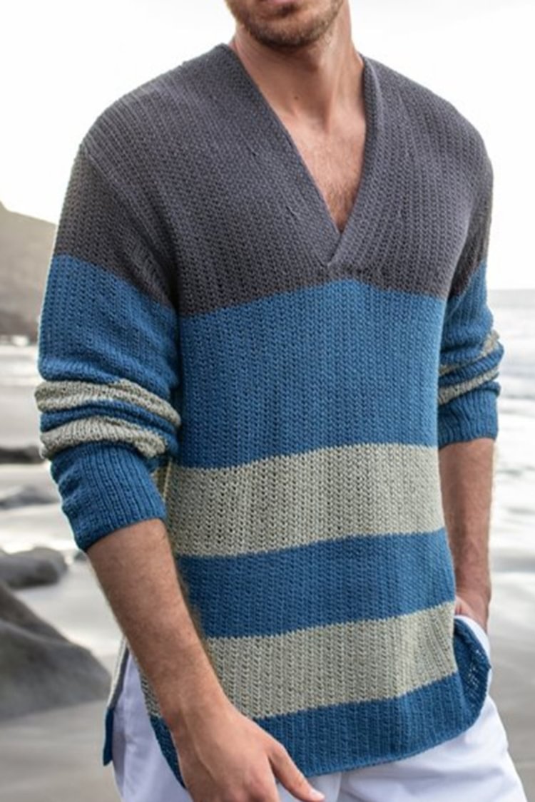 Tiboyz Contrast Stripe V-Neck Thick Knit Sweater