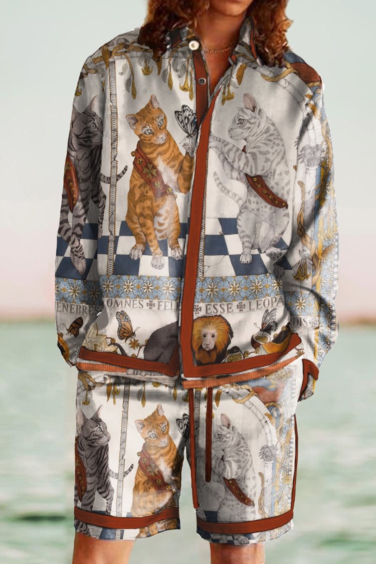 Tiboyz Fashion Outfits Cat Shirt And Shorts Beach Two Piece Set