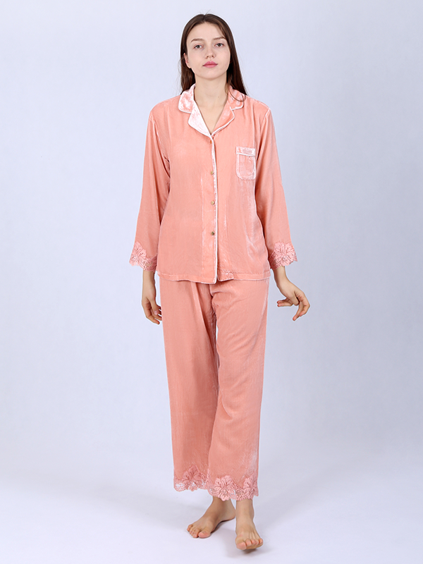 Silk Velvet Pajamas For Women With Lace Cuffs