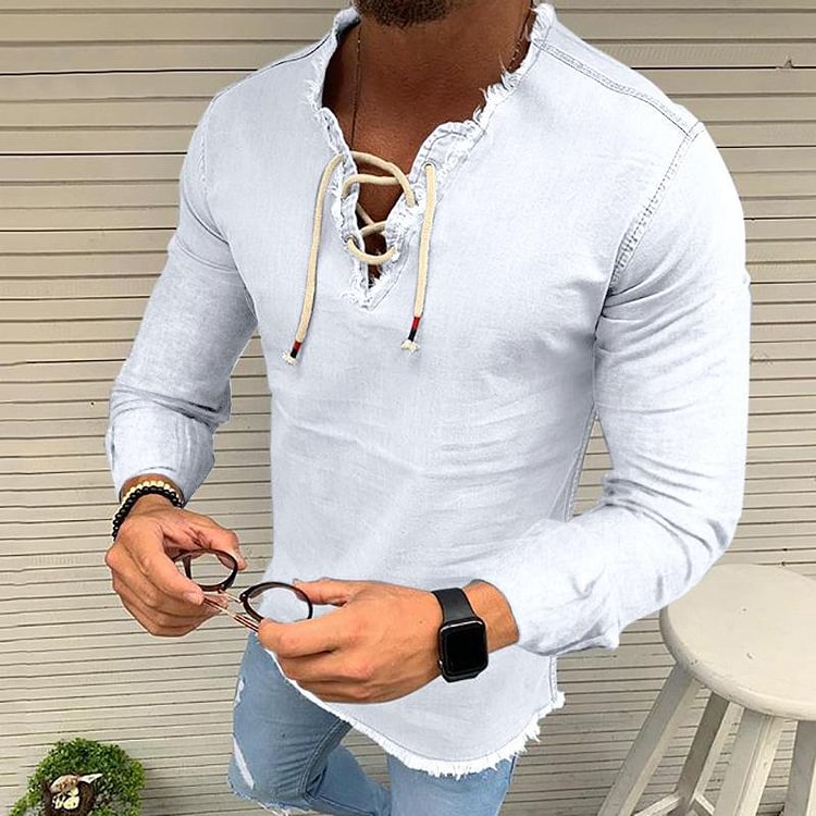 BrosWear Men's Self-tie V-neck Solid Color Long Sleeve Shirt white