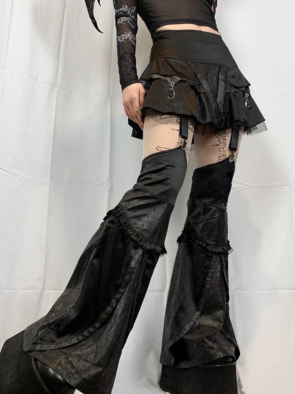 Gothic Black Paneled Hollow Stitching Skater PU Skirt Trousers
