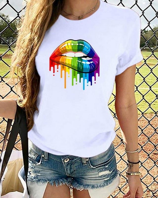 Women's T shirt Graphic Rainbow Round Neck Tops Cotton Basic Basic Top White Black-Corachic