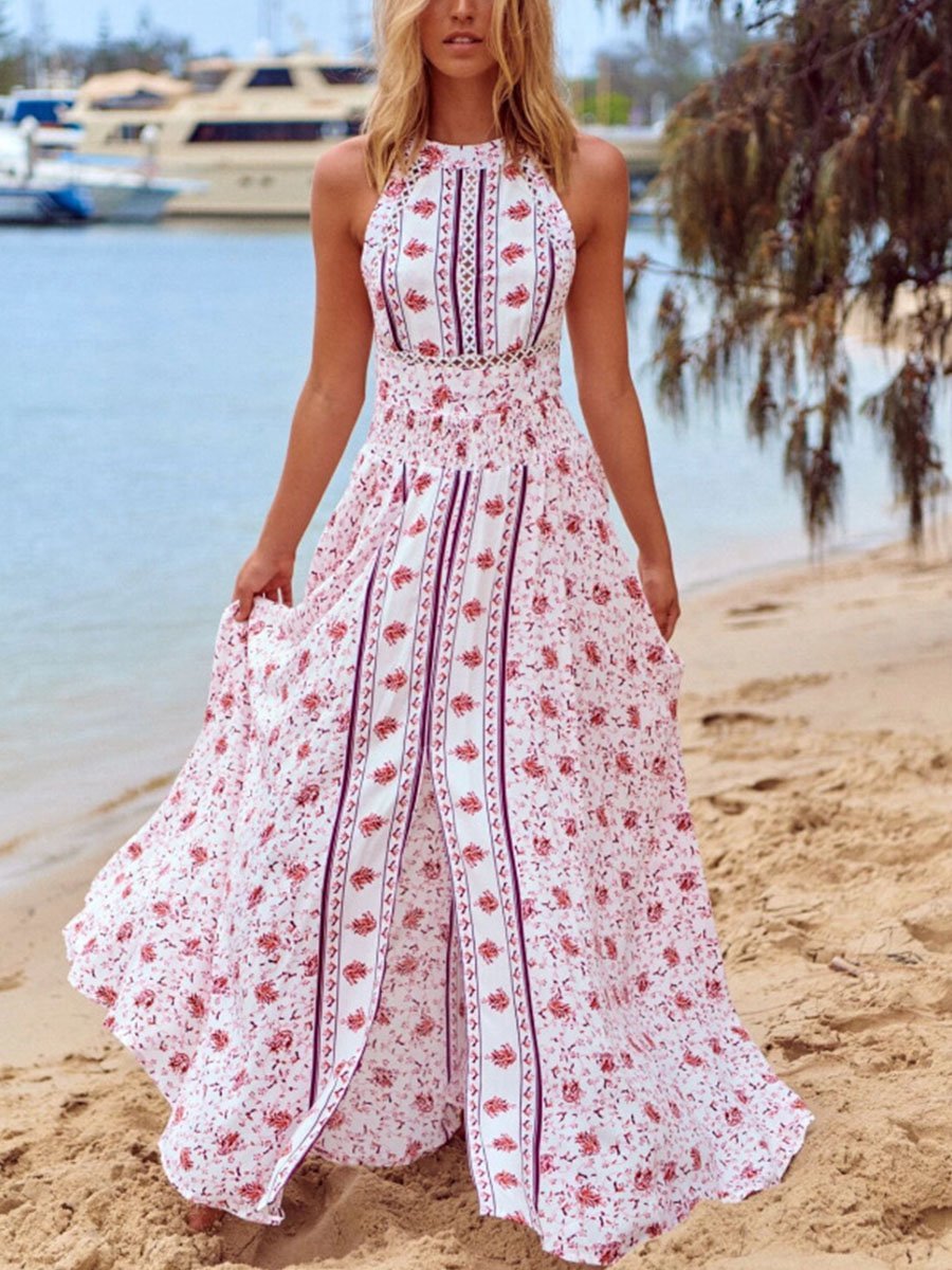 Floral Print Sleeveless High Sllit Maxi Dress P11930