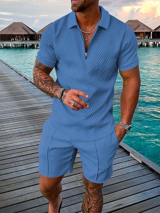 Men's Fashion Light Blue Holiday Floral Print Polo Suit